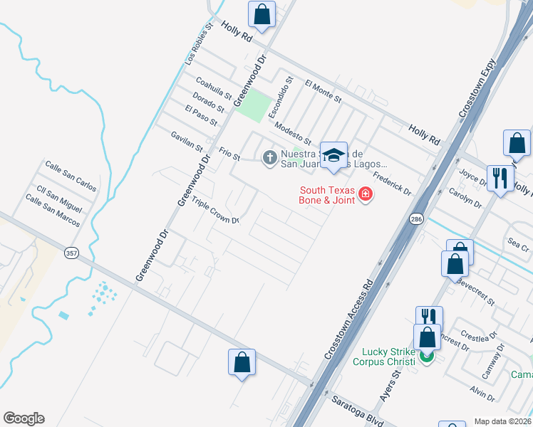 map of restaurants, bars, coffee shops, grocery stores, and more near 1758 Triple Crown Drive in Corpus Christi