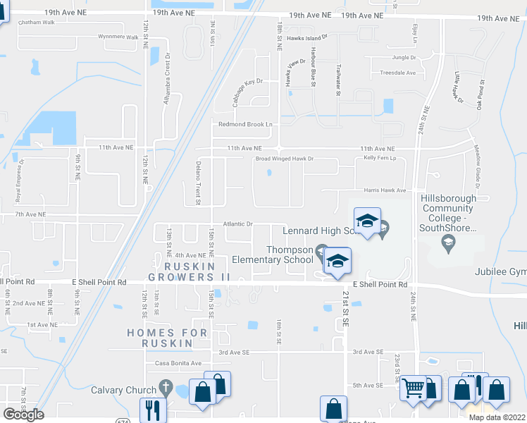 map of restaurants, bars, coffee shops, grocery stores, and more near 1722 Broad Winged Hawk Drive in Ruskin