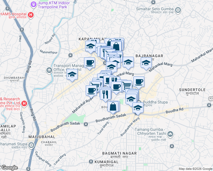 map of restaurants, bars, coffee shops, grocery stores, and more near Saraswotinagar Road in Kathmandu