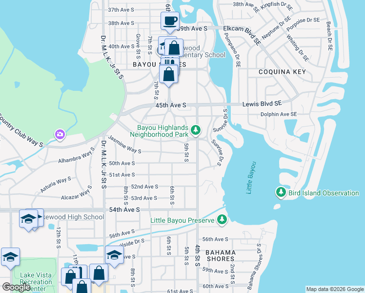 map of restaurants, bars, coffee shops, grocery stores, and more near 4815 5th Street South in St. Petersburg