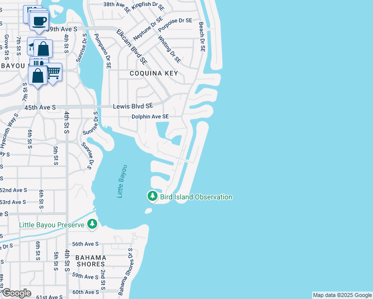 map of restaurants, bars, coffee shops, grocery stores, and more near 4872 Beach Drive Southeast in St. Petersburg
