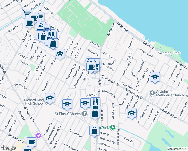 map of restaurants, bars, coffee shops, grocery stores, and more near 4733 South Alameda Street in Corpus Christi