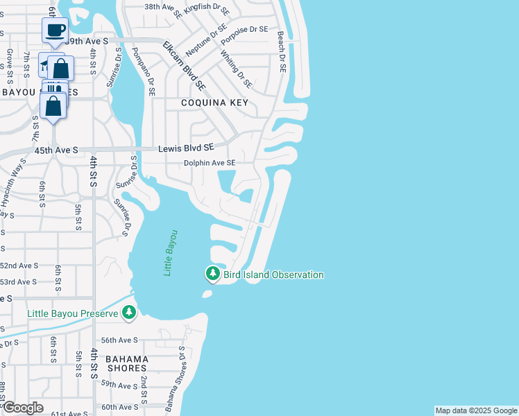 map of restaurants, bars, coffee shops, grocery stores, and more near 4859 Coquina Key Drive Southeast in St. Petersburg
