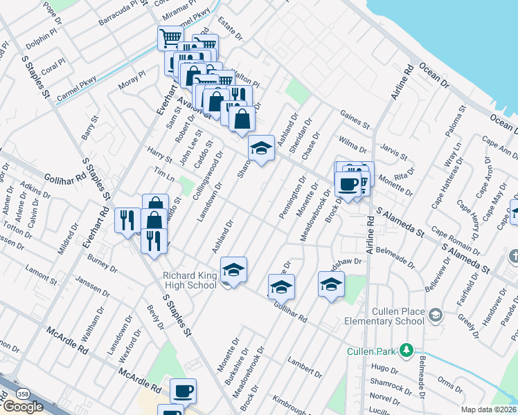 map of restaurants, bars, coffee shops, grocery stores, and more near 628 Sheridan Drive in Corpus Christi