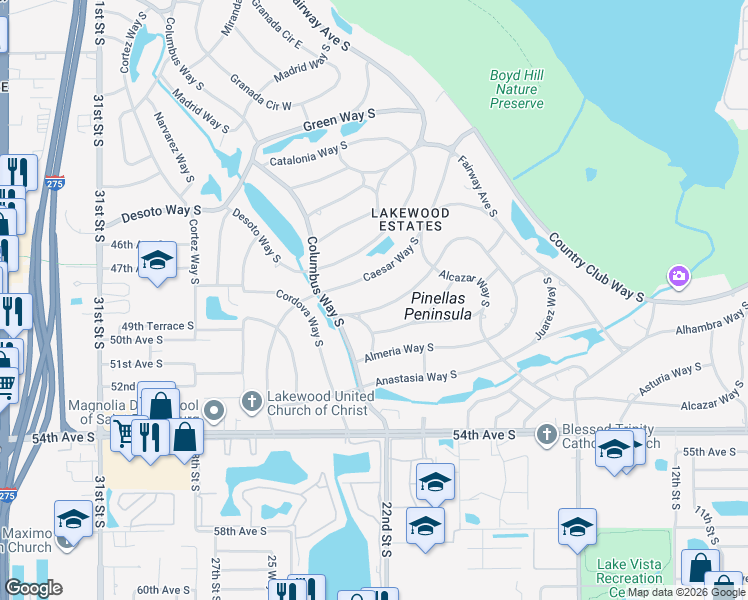 map of restaurants, bars, coffee shops, grocery stores, and more near 2201 Bonita Way South in St. Petersburg