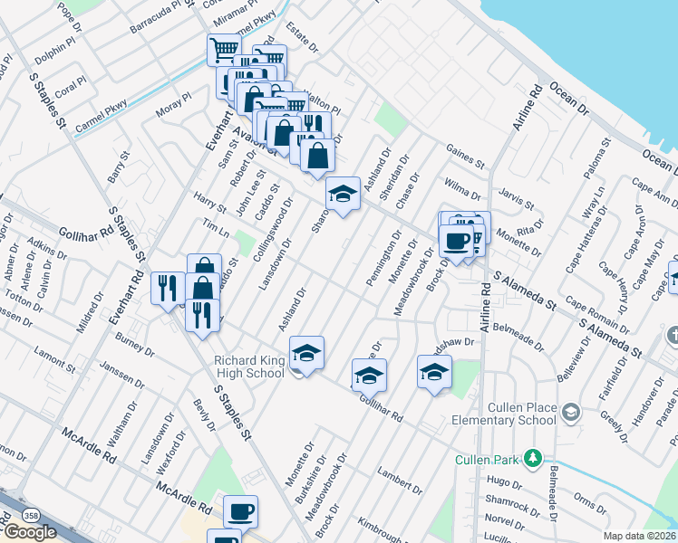 map of restaurants, bars, coffee shops, grocery stores, and more near 628 Sheridan Drive in Corpus Christi