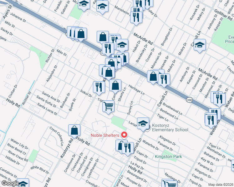 map of restaurants, bars, coffee shops, grocery stores, and more near 5302 Carriage Lane in Corpus Christi