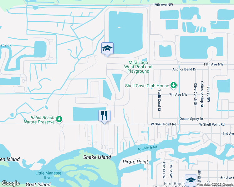 map of restaurants, bars, coffee shops, grocery stores, and more near 1748 Bonita Bluff Court in Ruskin