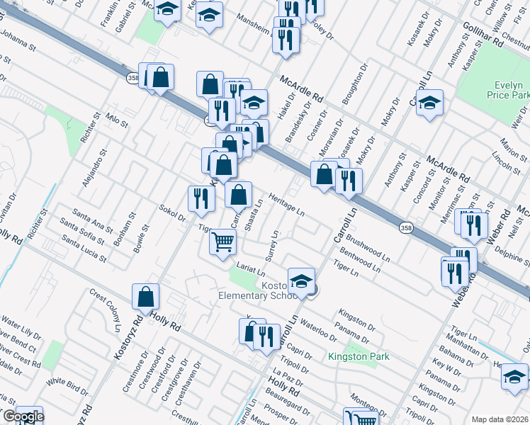 map of restaurants, bars, coffee shops, grocery stores, and more near 5217 Ponderosa Lane in Corpus Christi