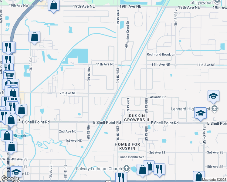 map of restaurants, bars, coffee shops, grocery stores, and more near 947 Brenton Leaf Drive in Ruskin