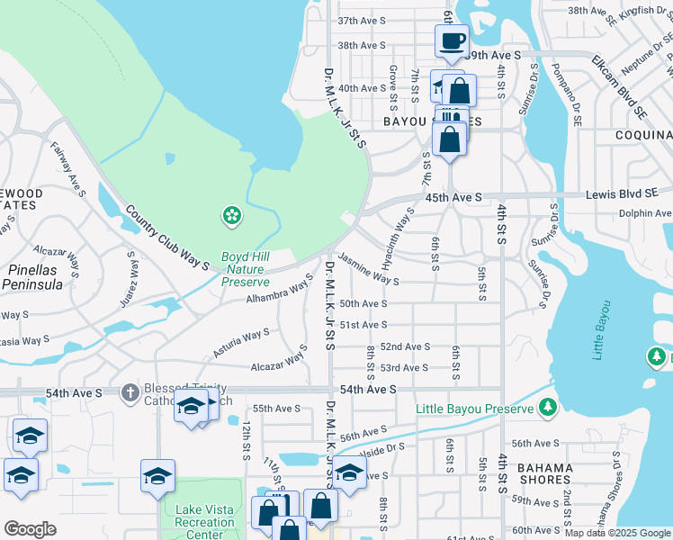 map of restaurants, bars, coffee shops, grocery stores, and more near 4835 Highland Street South in St. Petersburg