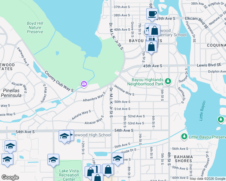 map of restaurants, bars, coffee shops, grocery stores, and more near 4835 Highland Street South in St. Petersburg
