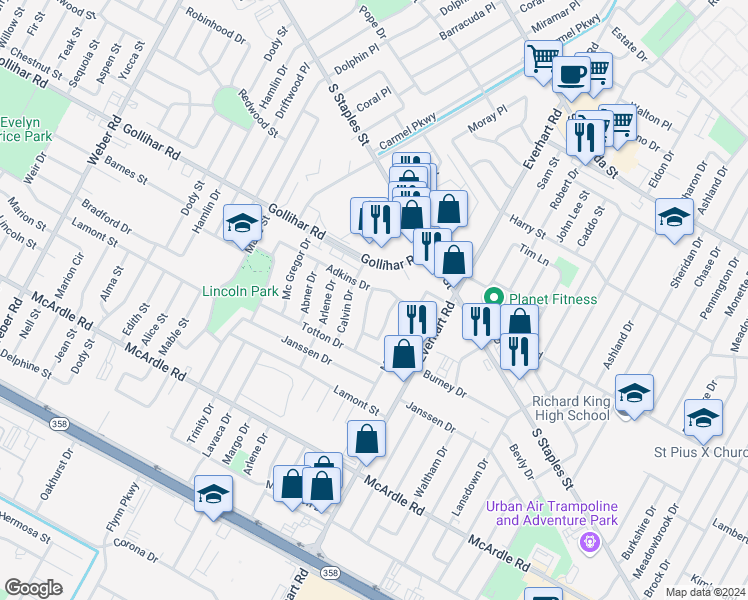 map of restaurants, bars, coffee shops, grocery stores, and more near 4606 Branscomb Drive in Corpus Christi