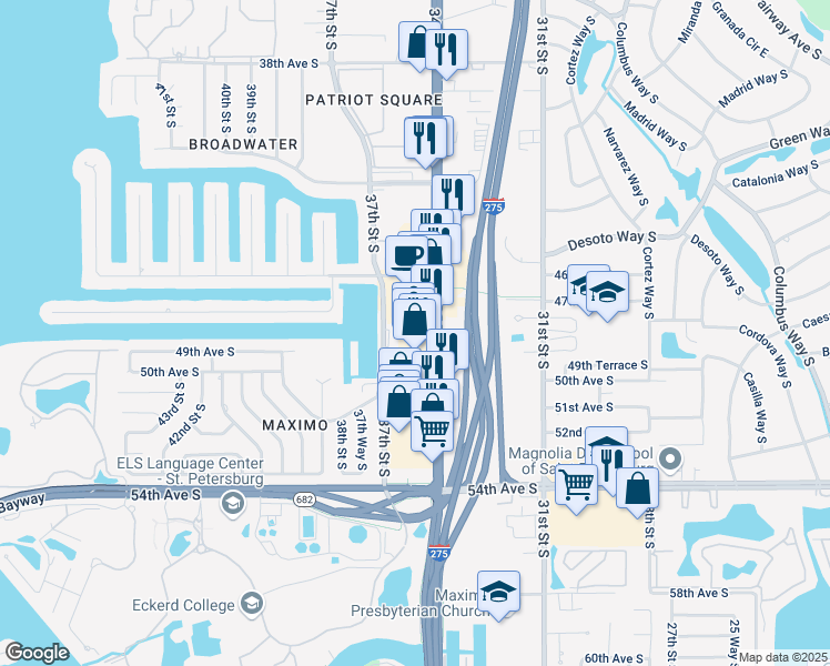 map of restaurants, bars, coffee shops, grocery stores, and more near 4801 34th Street South in St. Petersburg