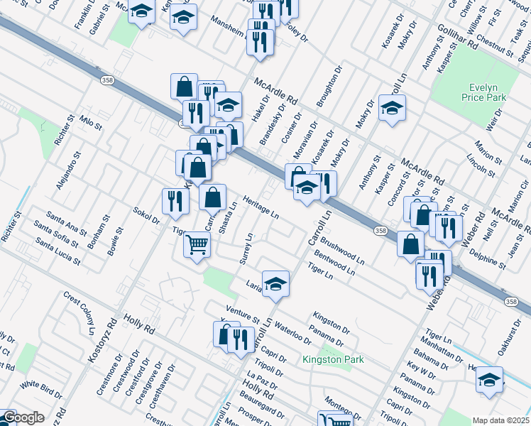 map of restaurants, bars, coffee shops, grocery stores, and more near 5202 Surrey Lane in Corpus Christi