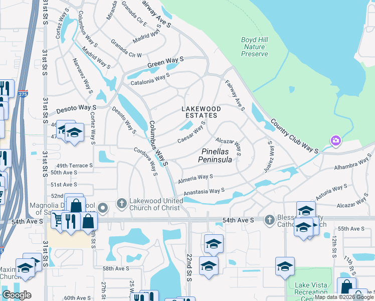 map of restaurants, bars, coffee shops, grocery stores, and more near 2201 Bonita Way South in St. Petersburg