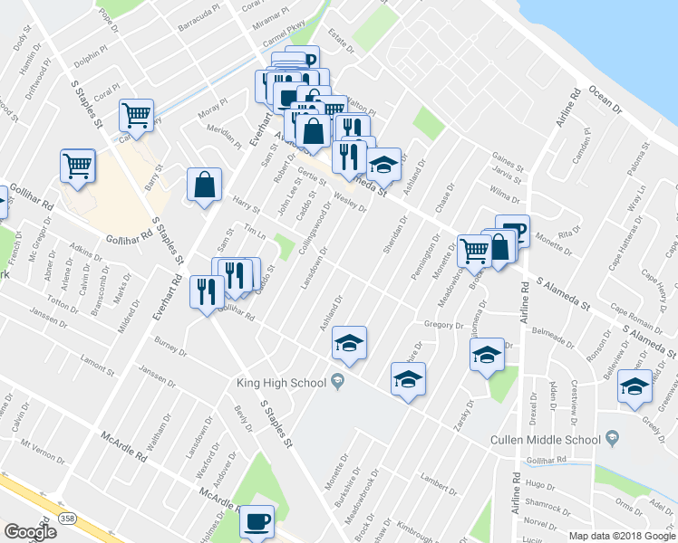 map of restaurants, bars, coffee shops, grocery stores, and more near 701 Sharon Drive in Corpus Christi