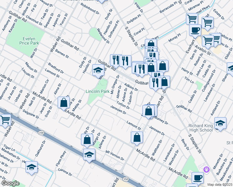 map of restaurants, bars, coffee shops, grocery stores, and more near 4629 Abner Drive in Corpus Christi