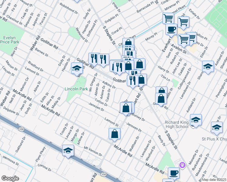 map of restaurants, bars, coffee shops, grocery stores, and more near 4606 Branscomb Drive in Corpus Christi