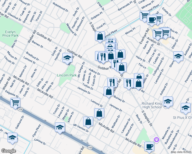 map of restaurants, bars, coffee shops, grocery stores, and more near 4617 Calvin Drive in Corpus Christi