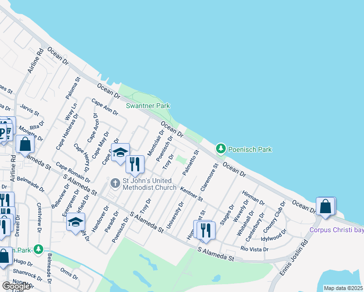 map of restaurants, bars, coffee shops, grocery stores, and more near 5422 Chevy Chase Drive in Corpus Christi