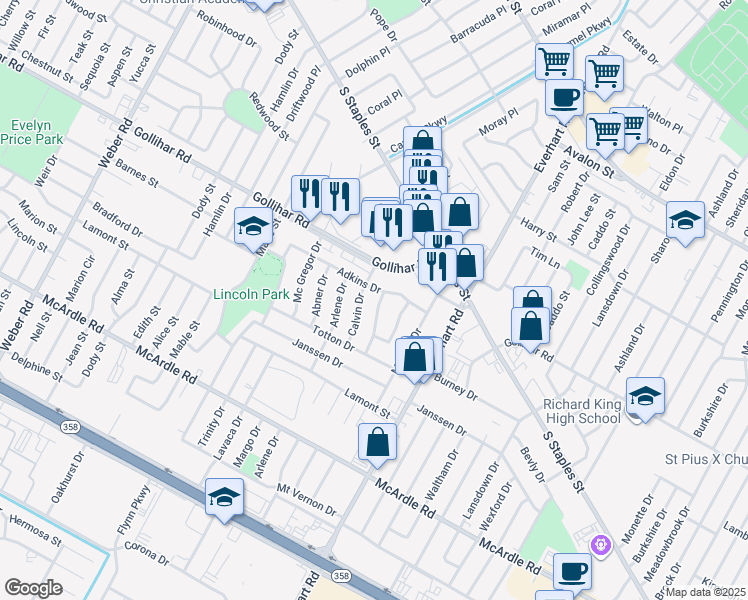 map of restaurants, bars, coffee shops, grocery stores, and more near 4606 Branscomb Drive in Corpus Christi