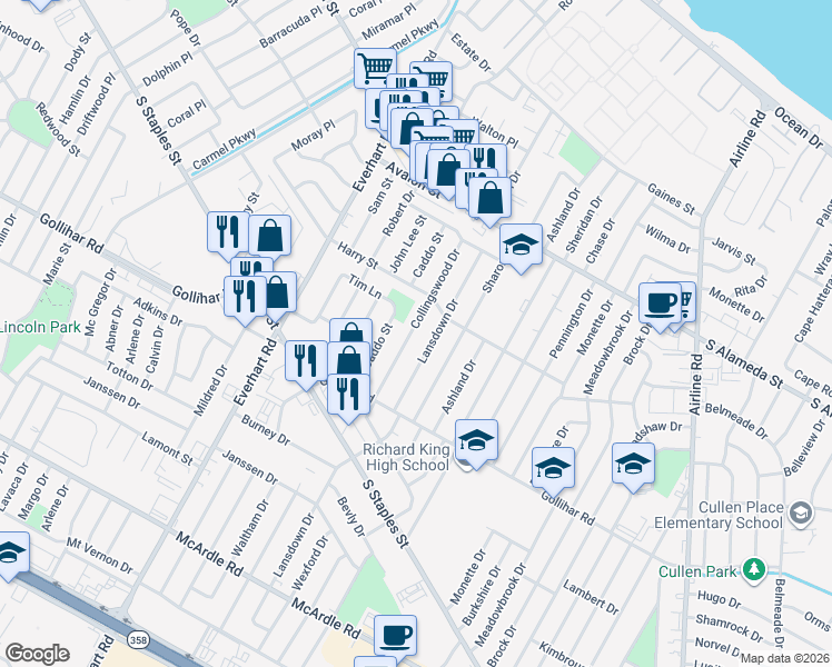 map of restaurants, bars, coffee shops, grocery stores, and more near 733 Collingswood Drive in Corpus Christi