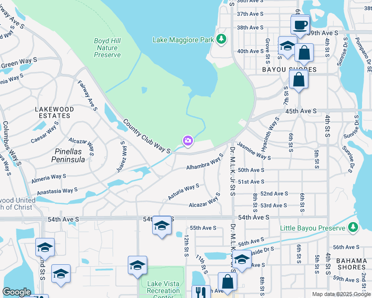 map of restaurants, bars, coffee shops, grocery stores, and more near 1101 Country Club Way South in St. Petersburg