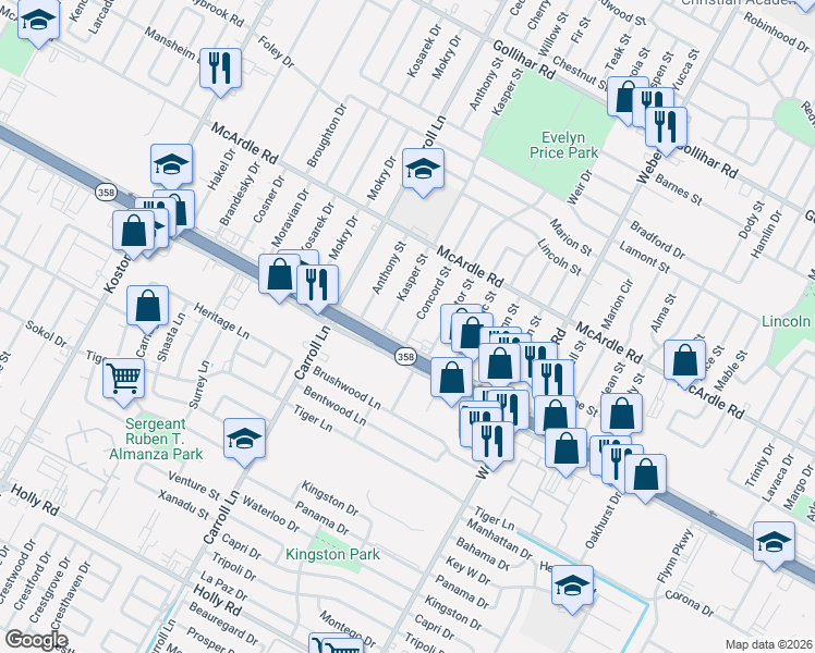 map of restaurants, bars, coffee shops, grocery stores, and more near 5030 Concord Street in Corpus Christi