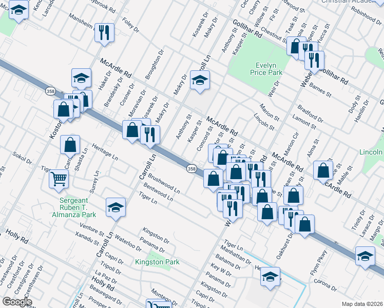 map of restaurants, bars, coffee shops, grocery stores, and more near 5030 Concord Street in Corpus Christi