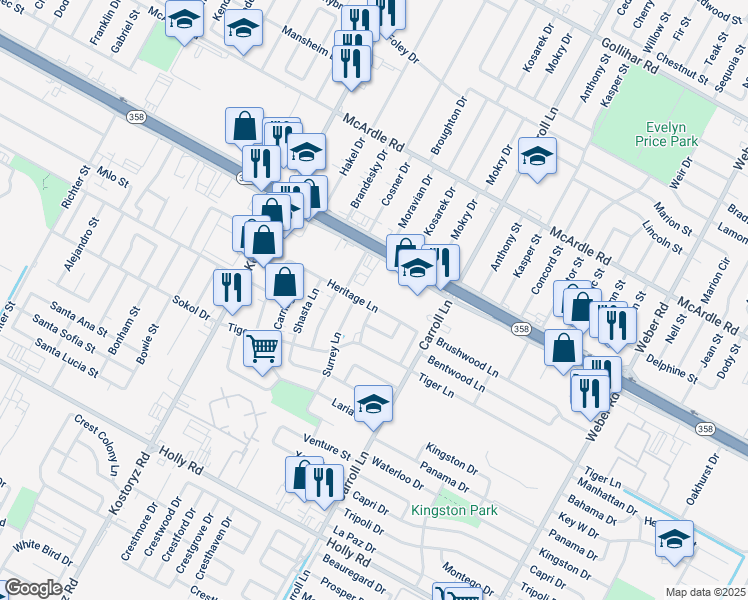 map of restaurants, bars, coffee shops, grocery stores, and more near 5202 Surrey Lane in Corpus Christi