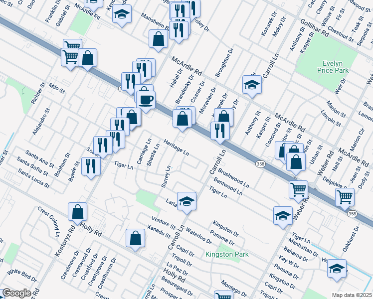 map of restaurants, bars, coffee shops, grocery stores, and more near 5202 Surrey Lane in Corpus Christi