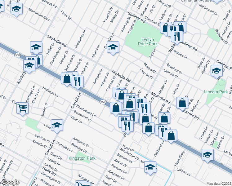 map of restaurants, bars, coffee shops, grocery stores, and more near 4954 Monitor Street in Corpus Christi