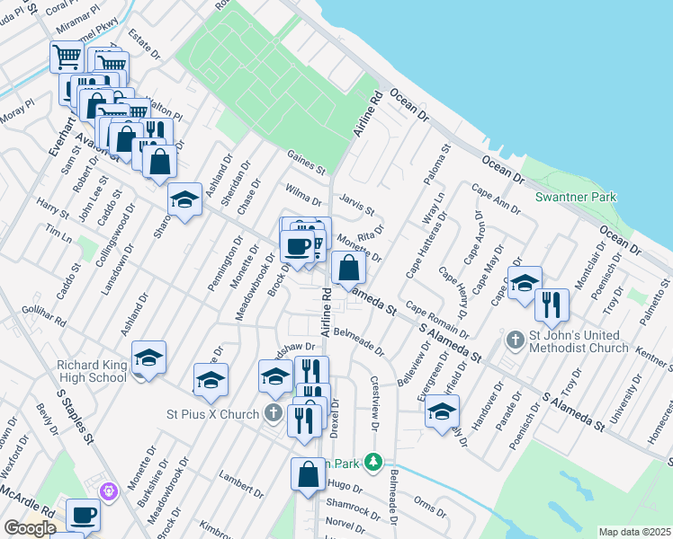 map of restaurants, bars, coffee shops, grocery stores, and more near 4733 South Alameda Street in Corpus Christi