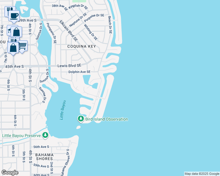 map of restaurants, bars, coffee shops, grocery stores, and more near 4810 Coquina Key Drive Southeast in St. Petersburg