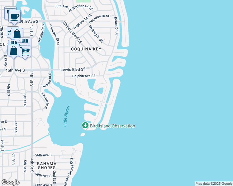map of restaurants, bars, coffee shops, grocery stores, and more near 4810 Coquina Key Drive Southeast in St. Petersburg