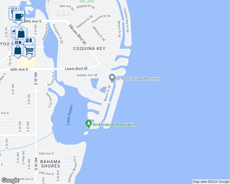 map of restaurants, bars, coffee shops, grocery stores, and more near 4859 Coquina Key Drive Southeast in St. Petersburg