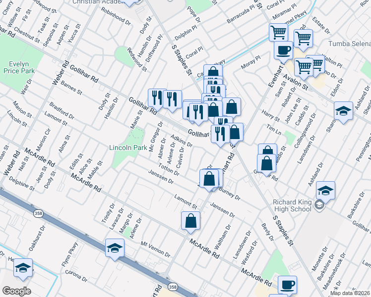 map of restaurants, bars, coffee shops, grocery stores, and more near 4617 Calvin Drive in Corpus Christi
