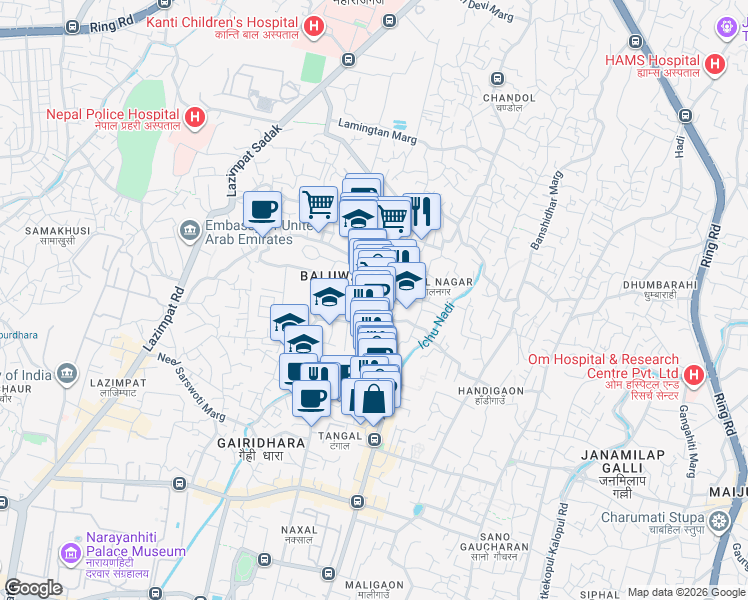 map of restaurants, bars, coffee shops, grocery stores, and more near Lamatangin Marg in Kathmandu