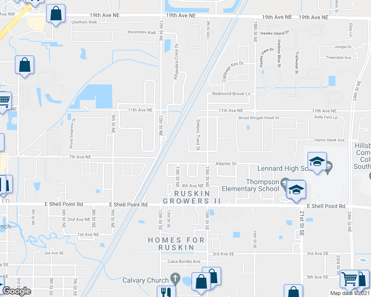map of restaurants, bars, coffee shops, grocery stores, and more near 727 Cristelle Jean Drive in Ruskin