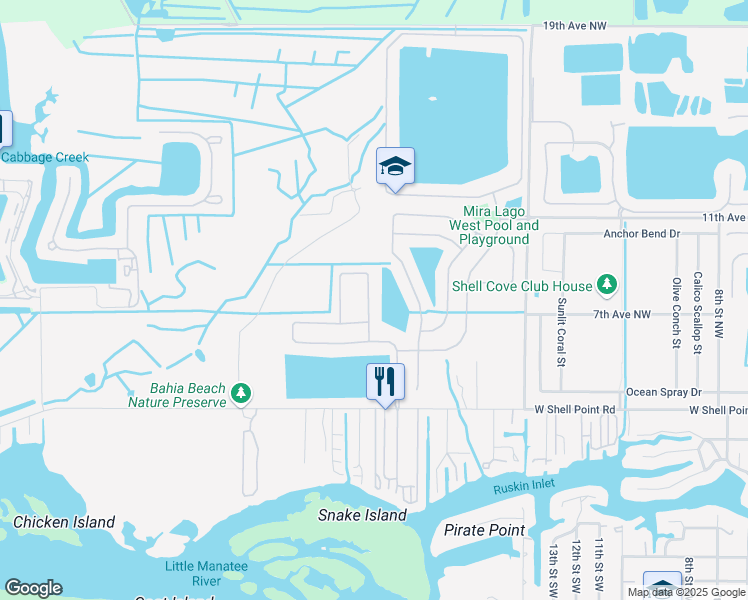 map of restaurants, bars, coffee shops, grocery stores, and more near 523 Vista Ridge Drive in Ruskin