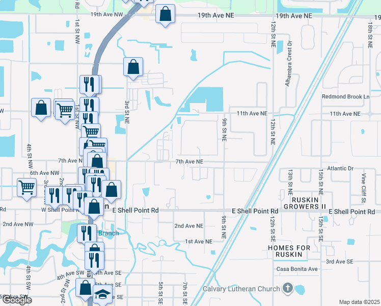 map of restaurants, bars, coffee shops, grocery stores, and more near 736 Royal Empress Drive in Ruskin