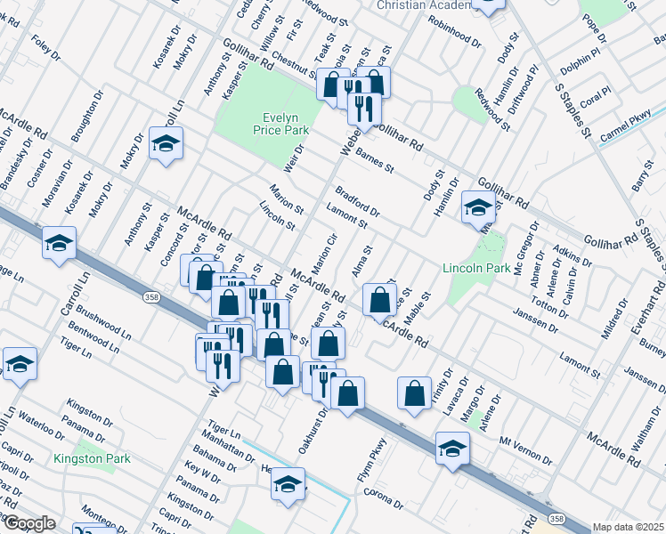 map of restaurants, bars, coffee shops, grocery stores, and more near 4817 Alma Street in Corpus Christi