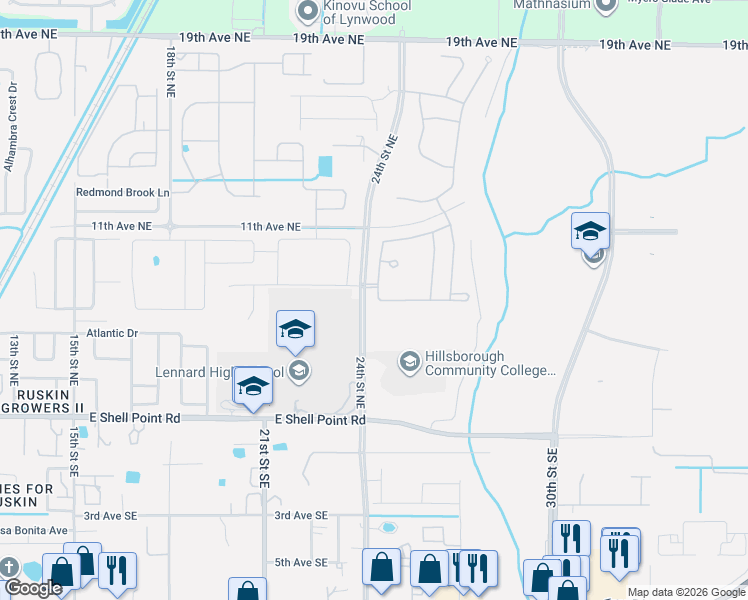 map of restaurants, bars, coffee shops, grocery stores, and more near 2370 Dovesong Trace Drive in Ruskin
