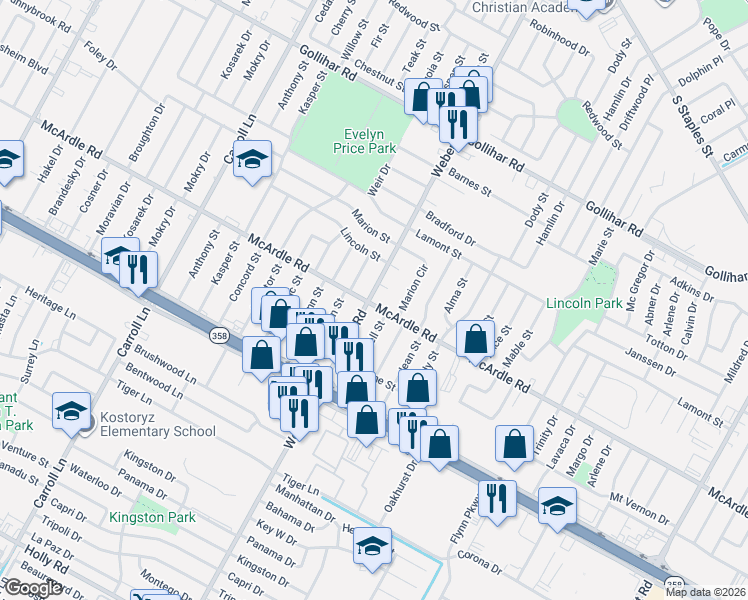 map of restaurants, bars, coffee shops, grocery stores, and more near 4906 Weber Road in Corpus Christi