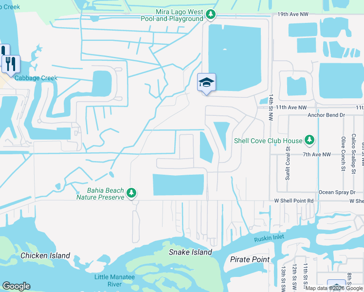 map of restaurants, bars, coffee shops, grocery stores, and more near 570 Vista Ridge Drive in Ruskin