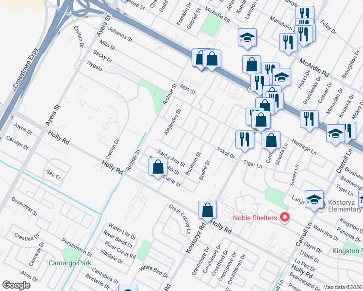 map of restaurants, bars, coffee shops, grocery stores, and more near 5430 Wharton Street in Corpus Christi