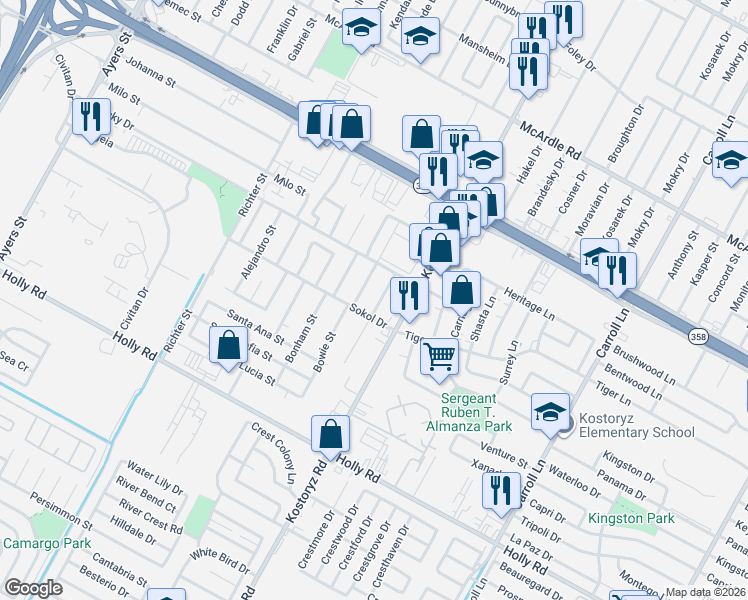 map of restaurants, bars, coffee shops, grocery stores, and more near 3113 Sokol Drive in Corpus Christi
