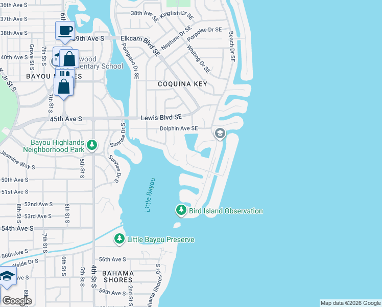 map of restaurants, bars, coffee shops, grocery stores, and more near 4832 Cobia Drive Southeast in Saint Petersburg