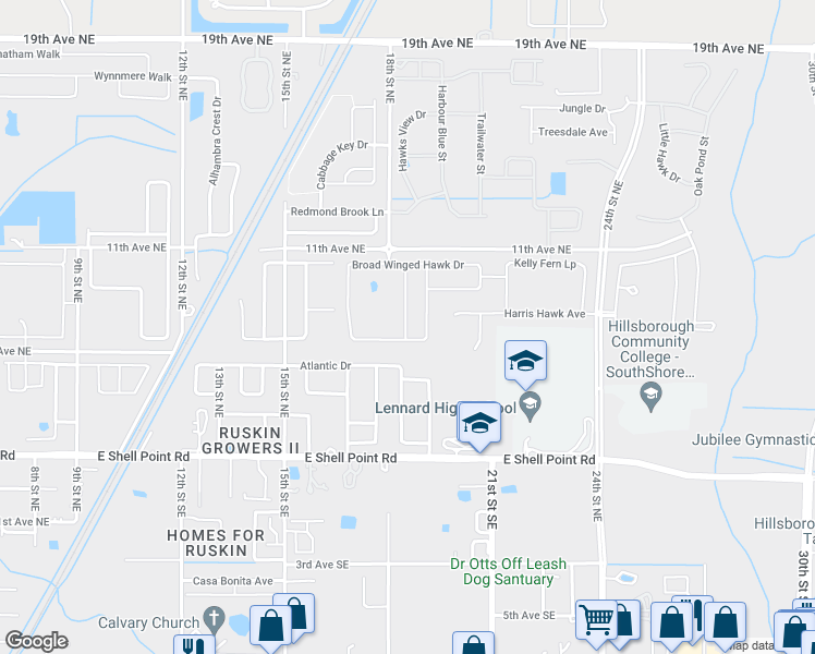 map of restaurants, bars, coffee shops, grocery stores, and more near 904 Zone Tailed Hawk Place in Ruskin